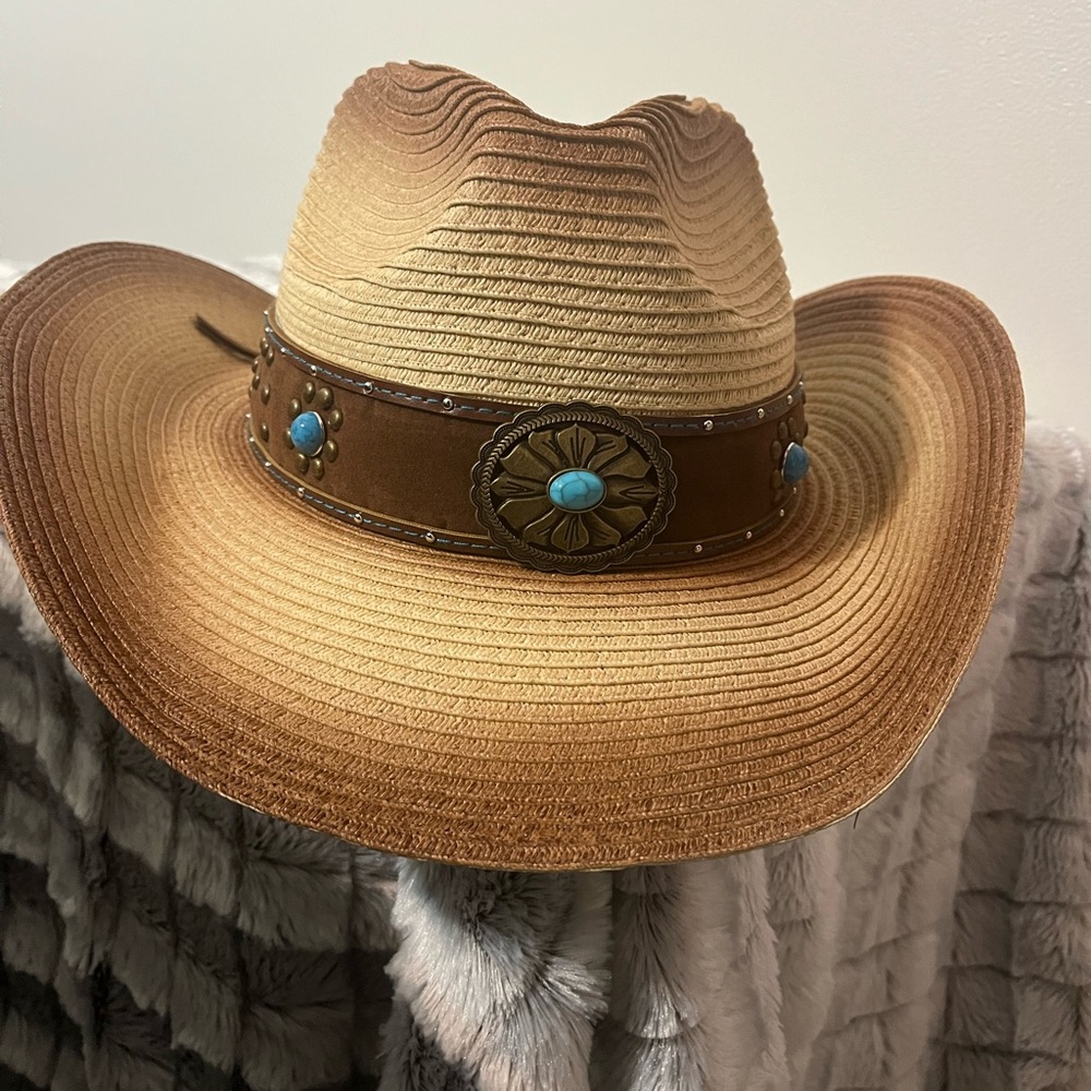 Peter Grimm Tan and Brown Western Hat with Turquoise Details - Picture 2 of 8